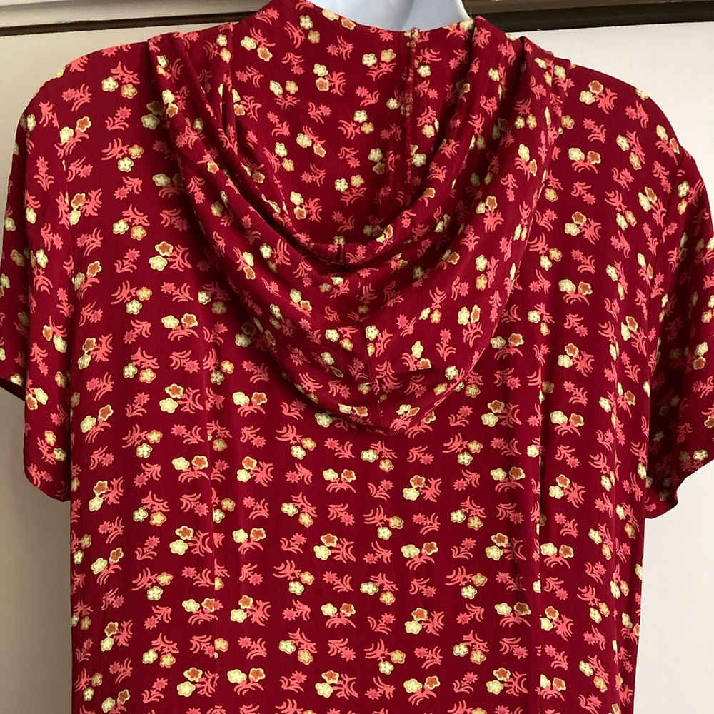 Vintage Y2K Red Short Sleeve Hooded Drawstring Floral Button Up Y2K Maxi Dress M - Picture 11 of 13